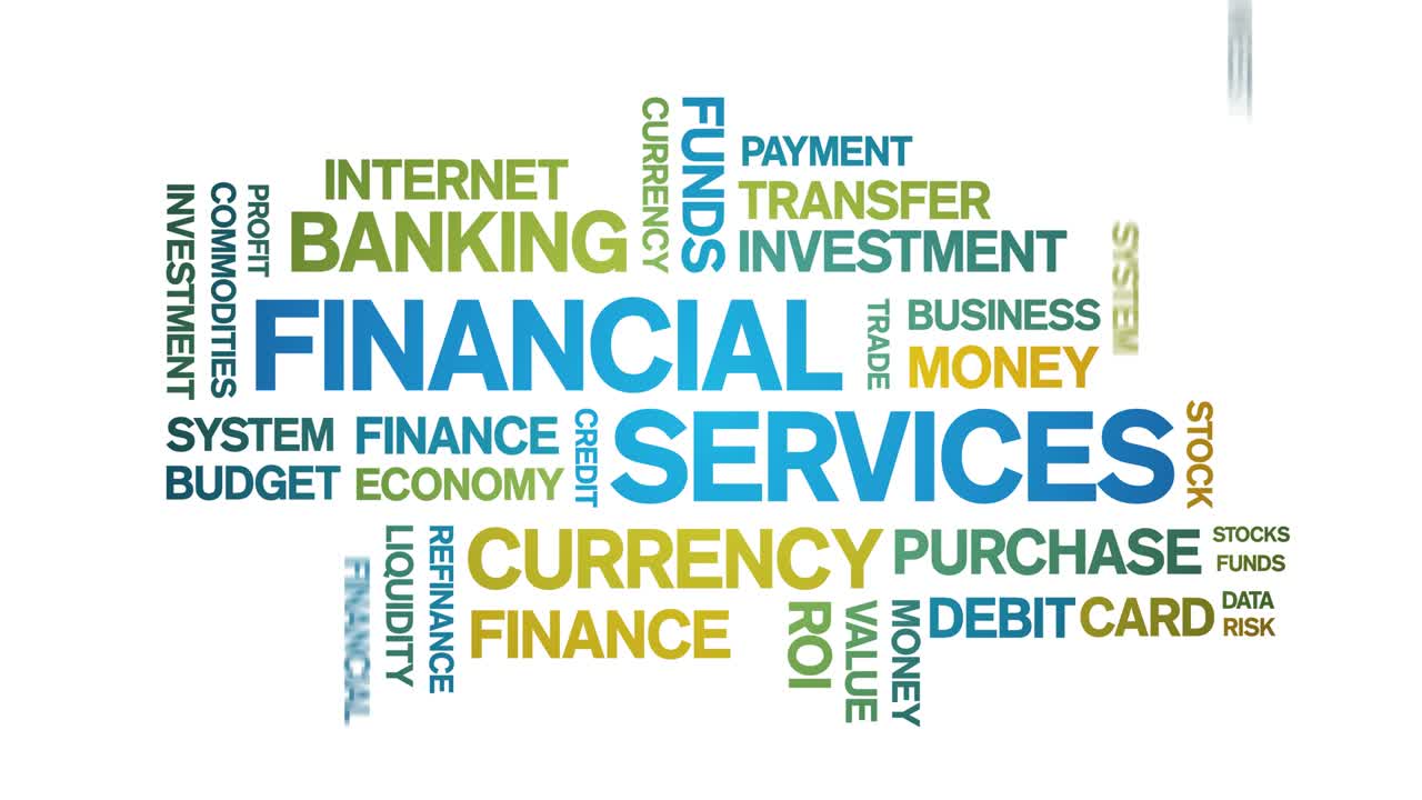 servizi finanziari 4k tag animati nuvola di parole, animazione di testo ciclo senza soluzione di continuità.