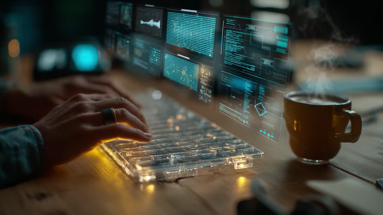 An Innovative Workspace Scene Featuring a Person Engaged in Data Analysis with a Transparent Keyboard, Futuristic Digital Displays Presenting Information, Accompanied by a Cup of Coffee, Creating an Inspiring Atmosphere