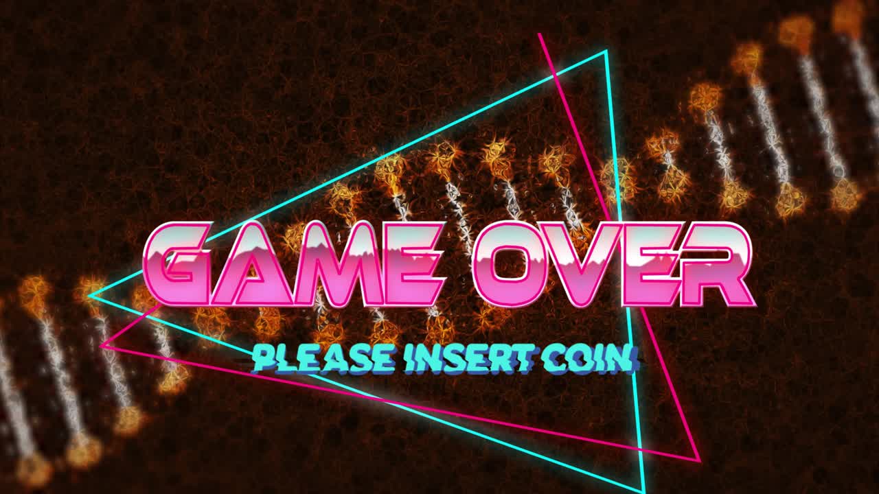 Strisce pulsanti che guidano un testo arcade magenta scorrevole e cornici neon ciano che disegnano chiedendo di inserire la moneta