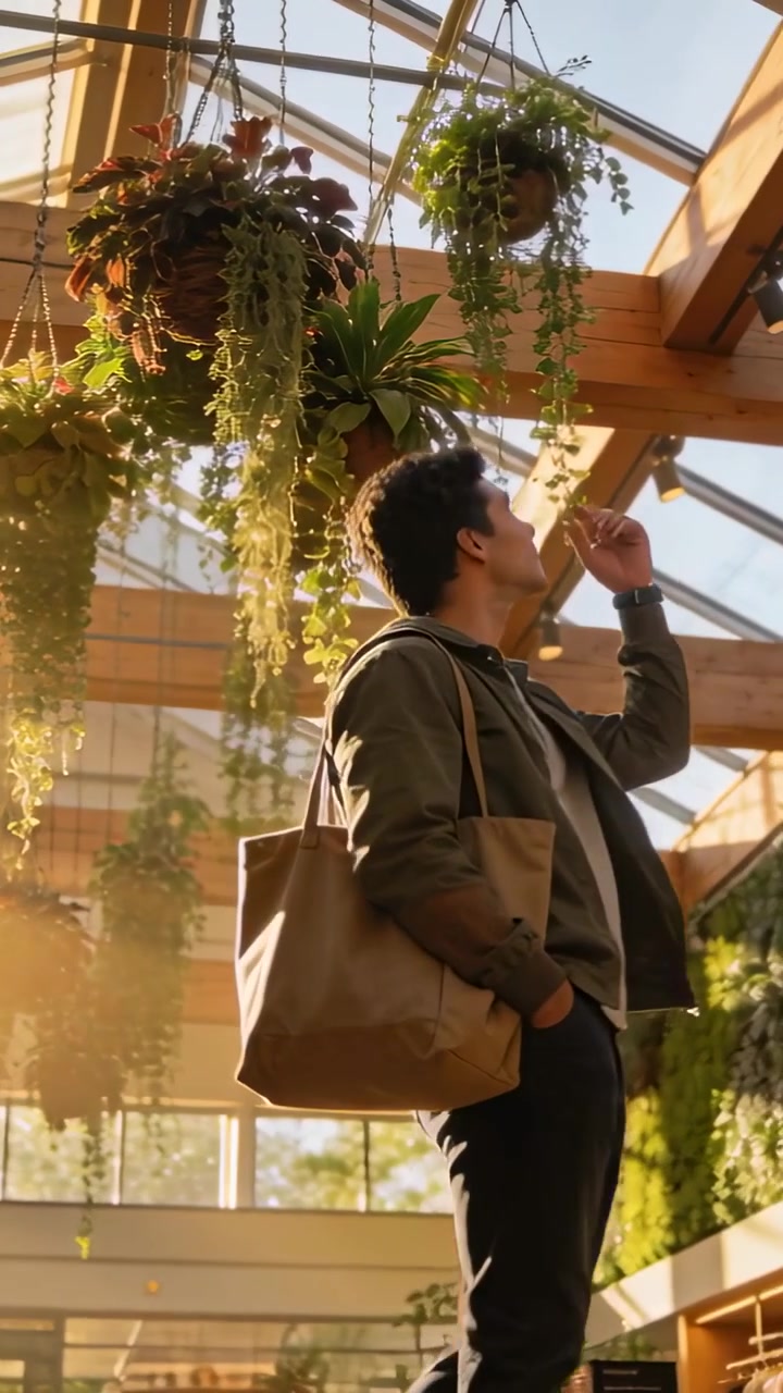 Vídeo vertical: Homem caminhando com jaqueta verde-oliva e sacola, parando em estufa para verificar plantas para comprar