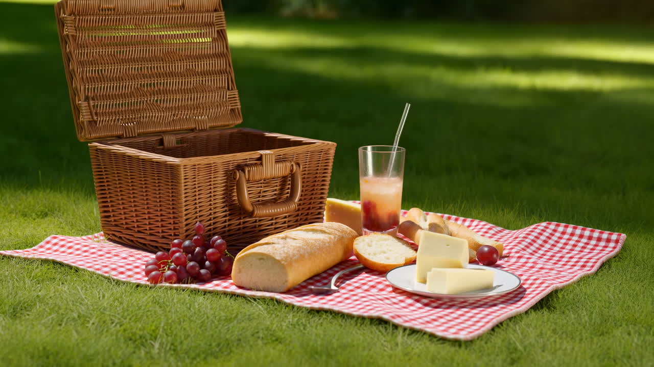 Allestimento per picnic all'aperto con cibo e bevande sull'erba verde