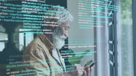 animation of data processing over senior african american businessman using smartphone