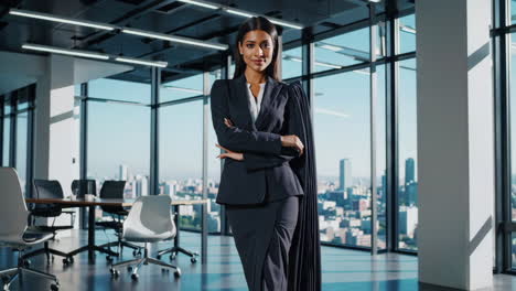professional woman posing in a modern office with city view