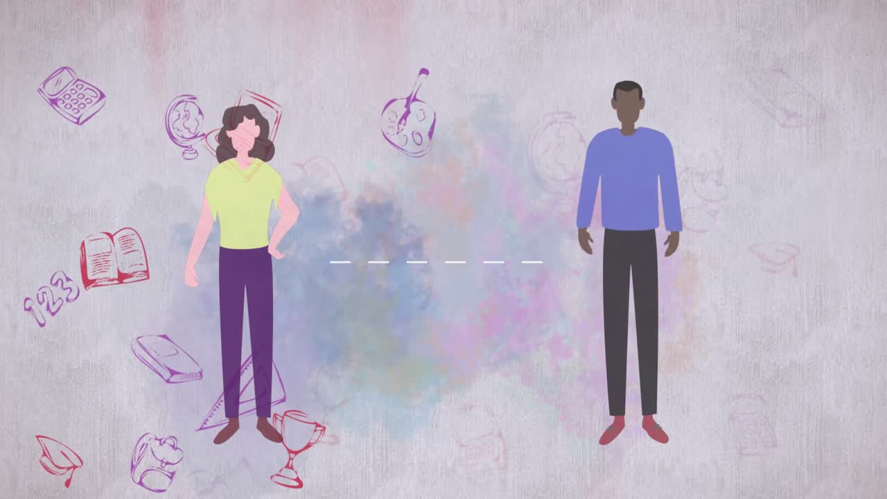 Man and woman icons maintaining social distancing against school concept icons