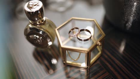 there are two gold wedding rings on a glass casket. shooting beautiful objects