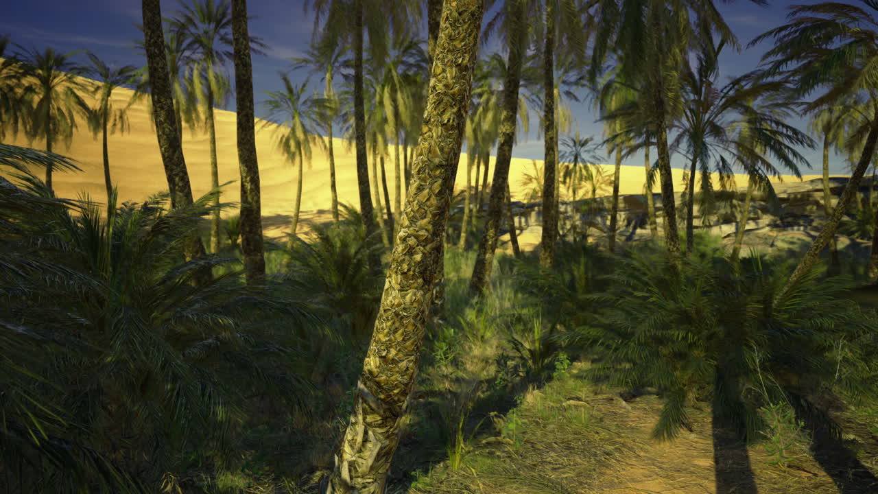 Lush green palms beside golden sand dunes under a clear blue sky