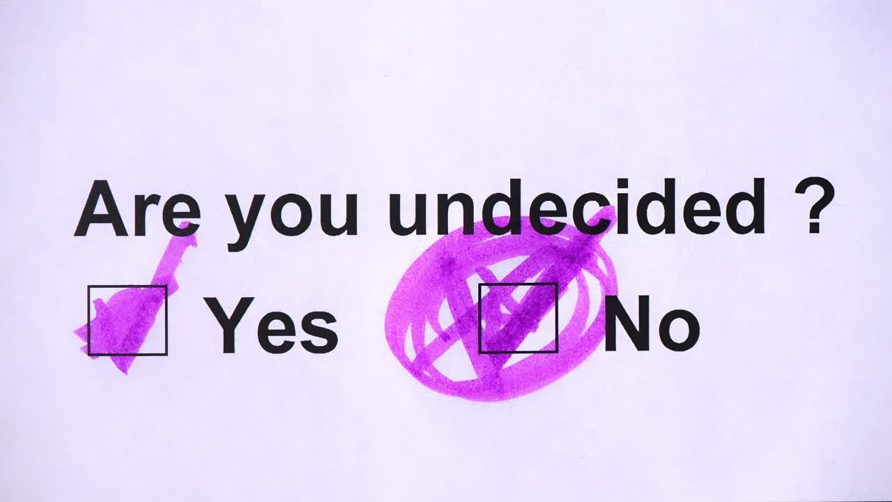 Overhead shot of a caucasian man answering to the question: Are you undecided? on the white piece of sheets