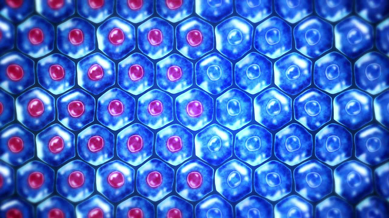 인간 피부 세포: 세포막을 가진 각 세포, 세포 치료, 질병 치료, 핵과 진공, 재생, 루프 애니메이션