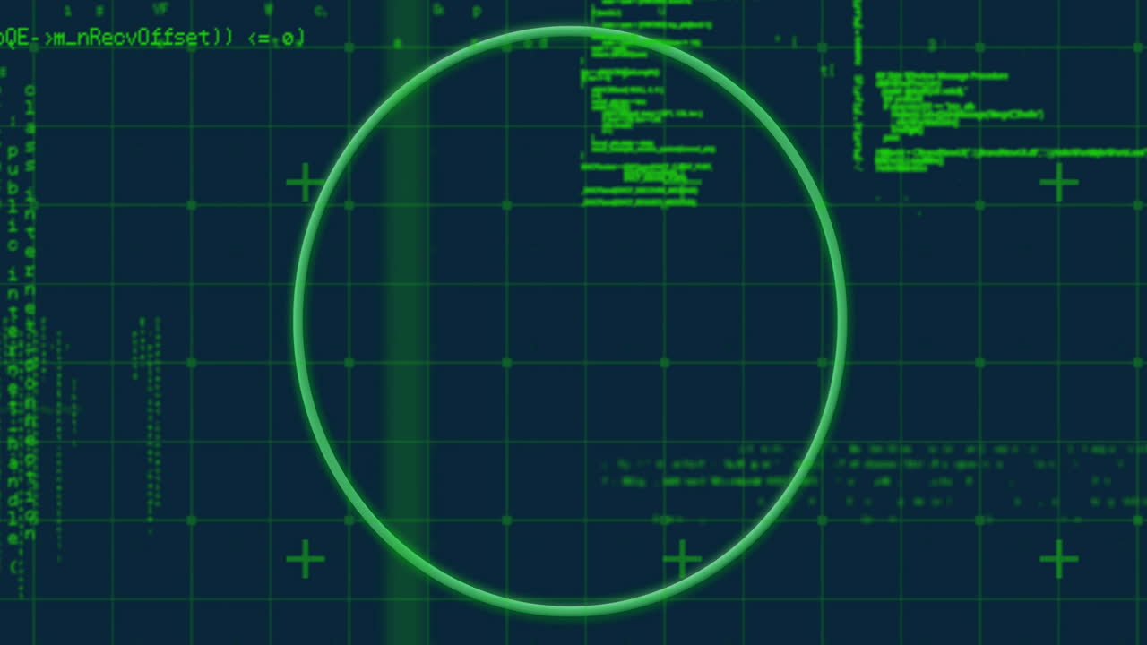 Animation of data processing over green circle on black background