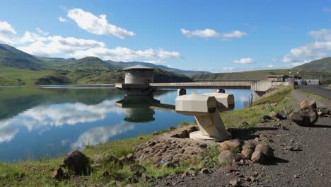 Hydro-power-water-intake-tower-at-Katse-Dam-in-rural-Lesotho,-Africa