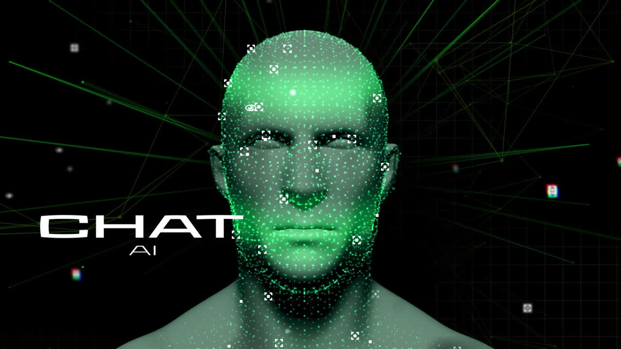 animación de texto de inteligencia artificial y procesamiento de datos sobre la cabeza humana