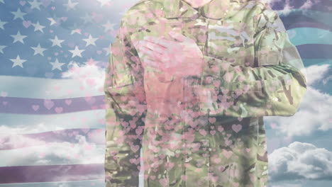 animación de corazones sobre soldado masculino caucásico y bandera de los estados unidos
