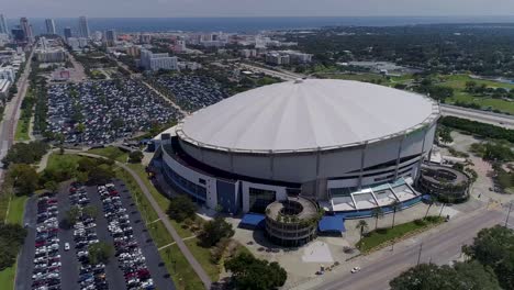 4K-Aerial-Drone-Video-of-Tropicana-Field-with-Waterfront-Skyline-of-Downtown-St