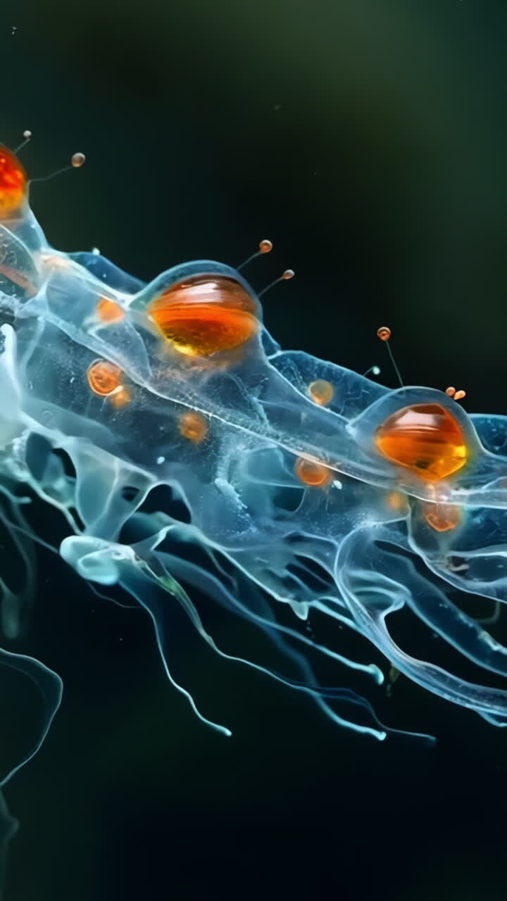 A jellyfish with orange spots and red dots. The jellyfish is in the water and is surrounded by other sea creatures