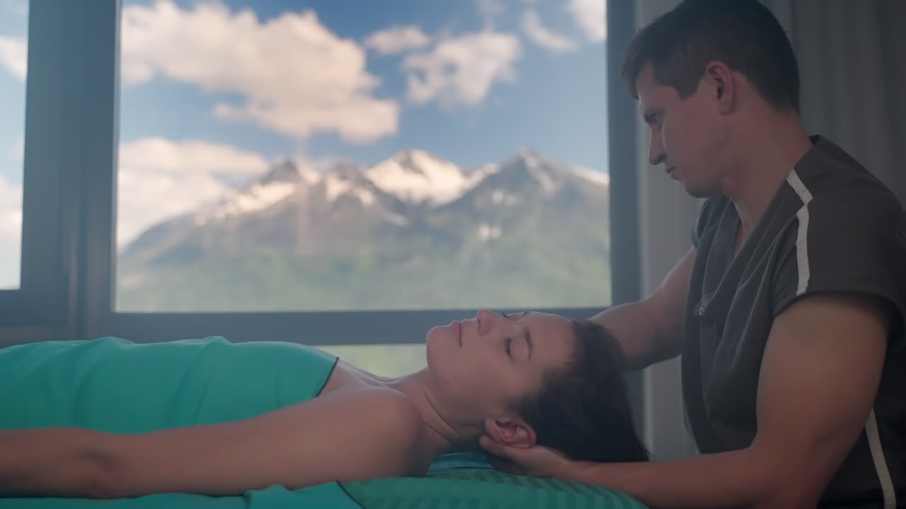 산 전망 을 가진 마사지 를 받는 여자