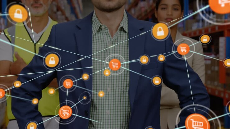 Animation of network of connections with icons over diverse business people working in warehouse