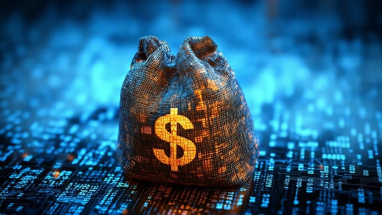 Growth-focused digital currency. A glowing money bag on a digital backdrop symbolizes the fusion of finance and tech in today's markets.