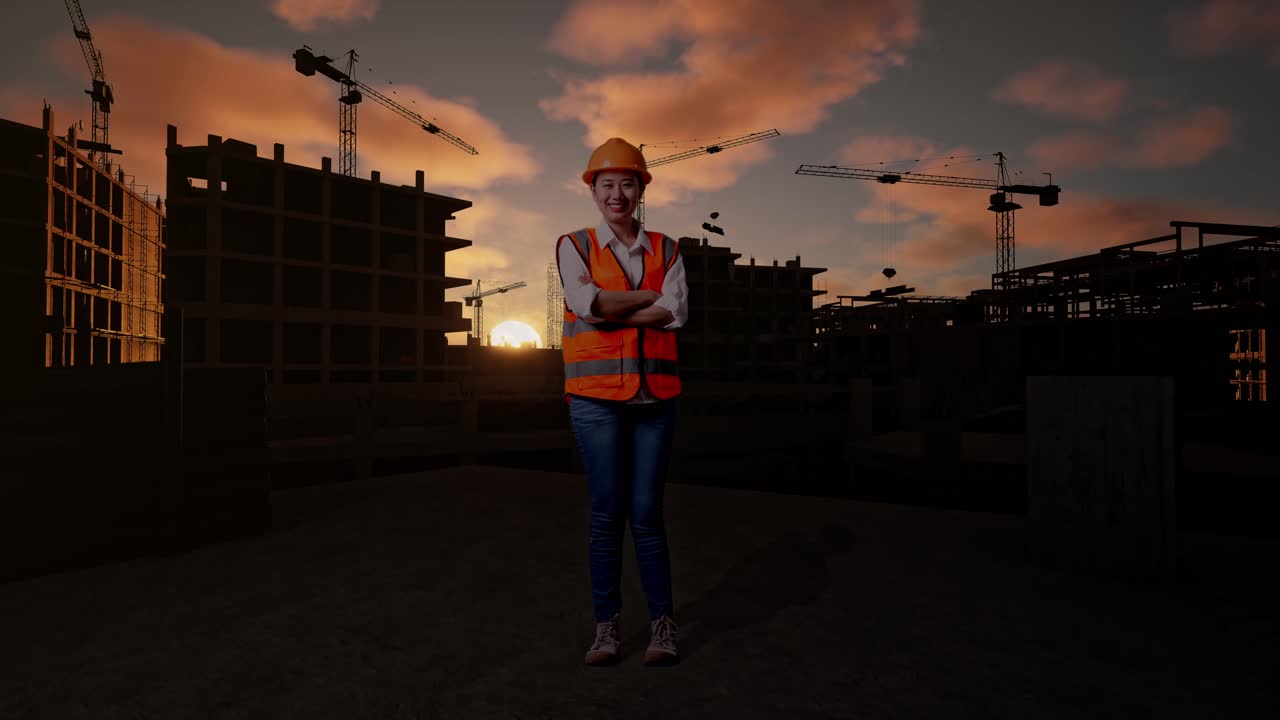 Full Body Of Asian Female Engineer With Safety Helmet Crossing Her Arms And Smiling To Camera While Standing At Construction Site in Progress to New House
