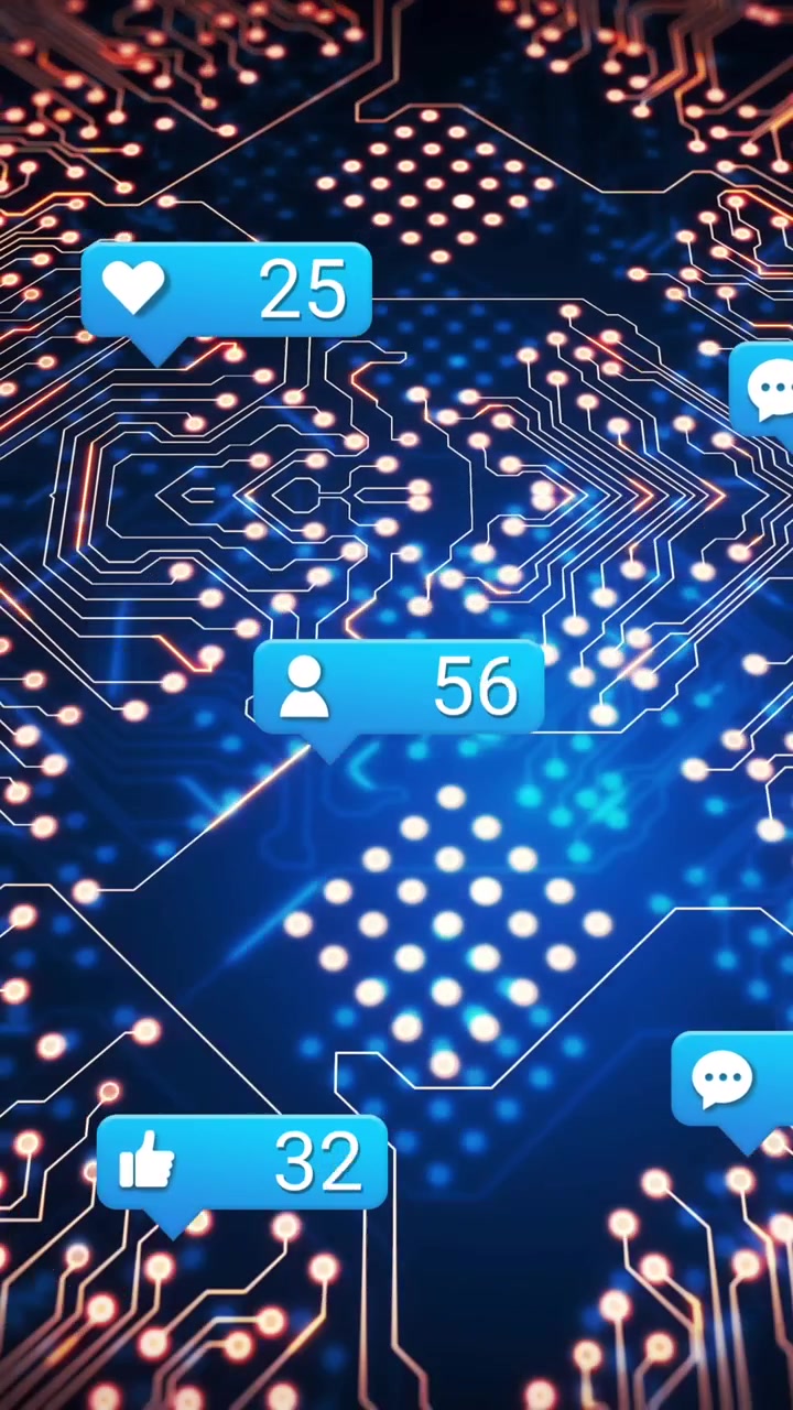 Animation of social media icons and numbers over computer circuit board
