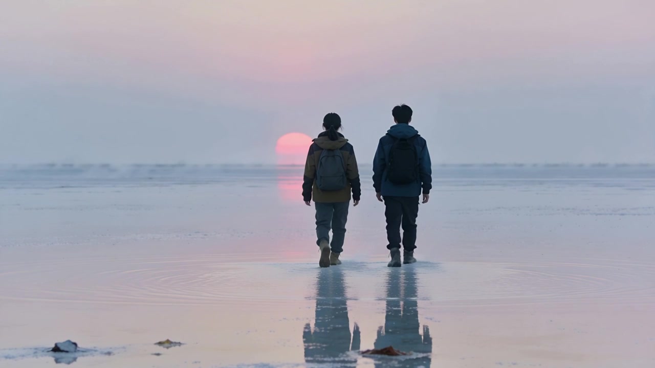 Walking two hikers in parkas carrying backpacks across wet sand, sun sinking, watching sunset
