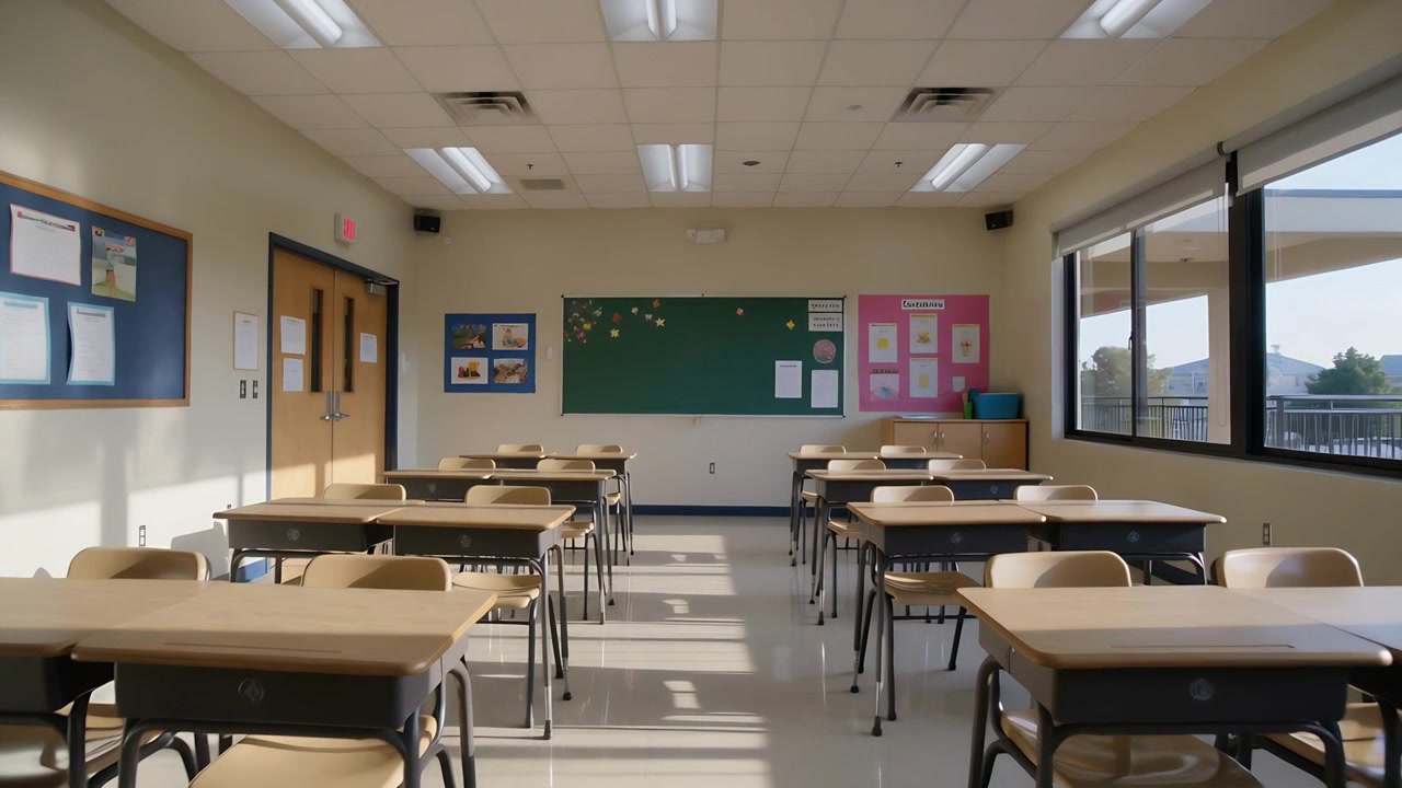 Telecamera che si avvicina lentamente alla parte anteriore di un'aula vuota, mostrando file di banchi, finestre, lavagna, aula pronta.