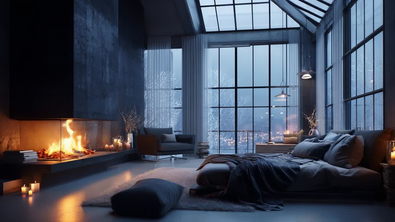 A Cozy, Modern Winter Retreat: A Beautifully Designed Bedroom with a Large Window, Soft Linens, a Warm Fireplace, and Ambient Lighting Creating a Serene Atmosphere Perfect for Relaxation