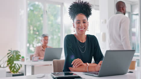 leadership, laptop and face of a business woman
