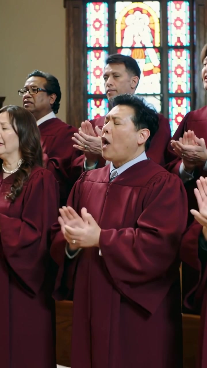 Vertical video: Pullback showing choir singing, clapping for worship, maroon robes, stained-glass