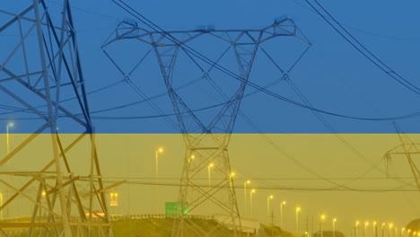 Animación-De-La-Bandera-De-Ucrania-Sobre-El-Poste-De-Electricidad-Y-El-Tráfico-Al-Atardecer