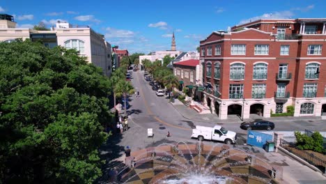 Aerial-Pullout-Fountain-in-Charleston-SC,-Charleston-South-Carolina