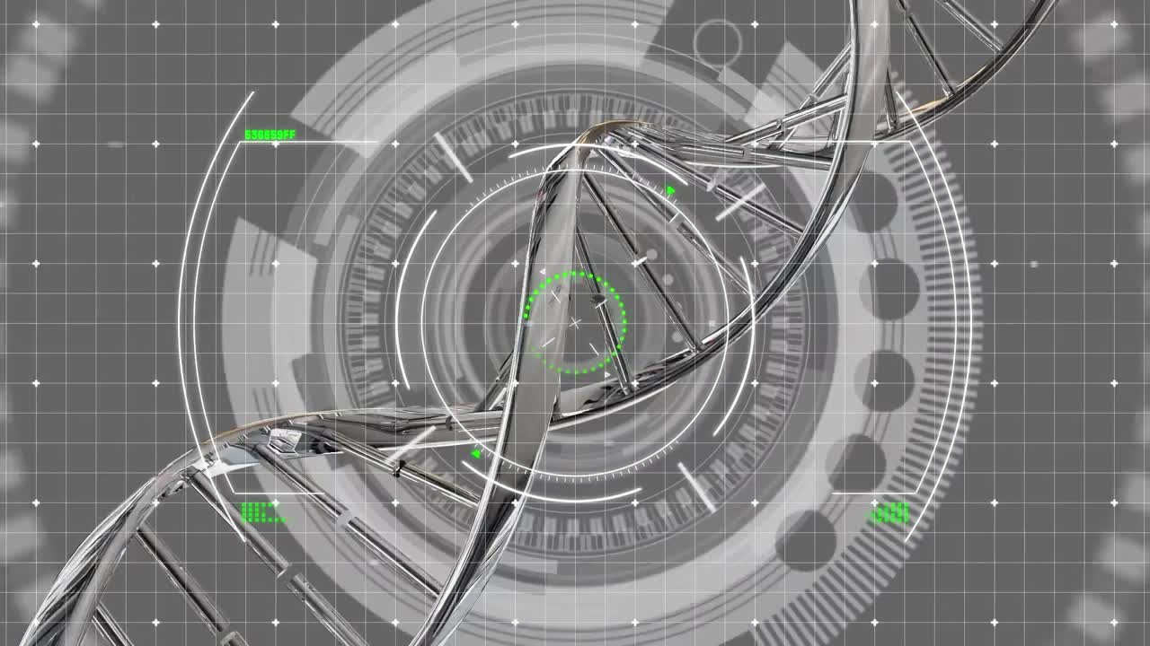 анимация спирали днк над круговым туннелем на сером фоне