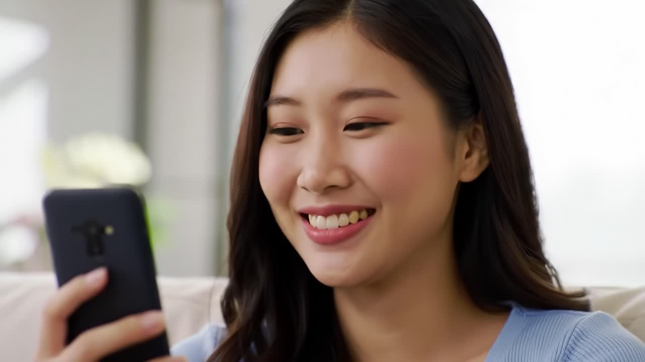 A Young Woman Smiling While Engaged with Her Smartphone in a Bright Living Room, Capturing the Joy of Digital Connection and Communication