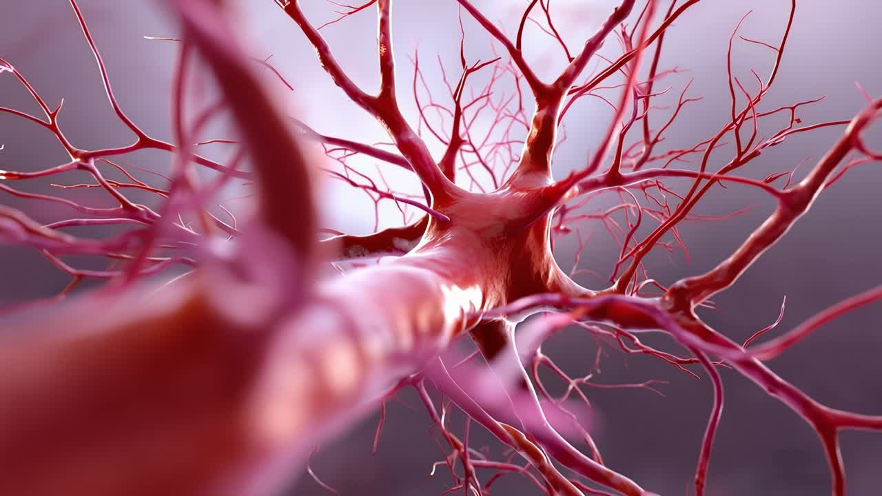 Detaljert visualisering av nevroner: Utforsker den komplekse strukturen til nerveceller med intrikate dendritter og aksoner i en biologisk kontekst