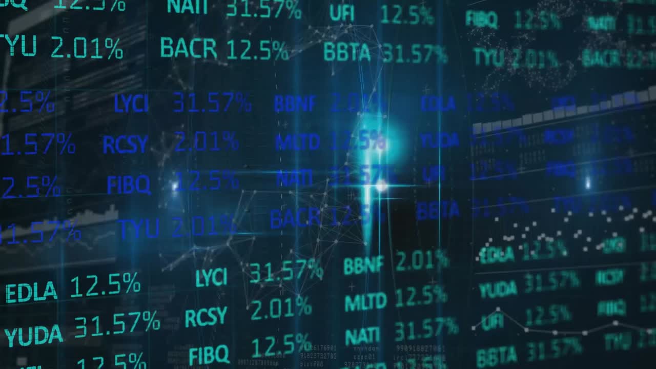 Animation of trading board, dots forming circle, lens flare and bar graph over abstract background