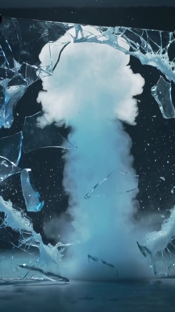 Vertical video: Impacting blue plume pouring through chain-hung glass pane in studio