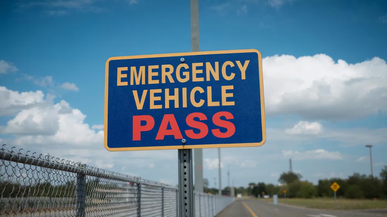 Entering white box truck moving past sign at service lane, sign reading EMERGENCY VEHICLE PASS