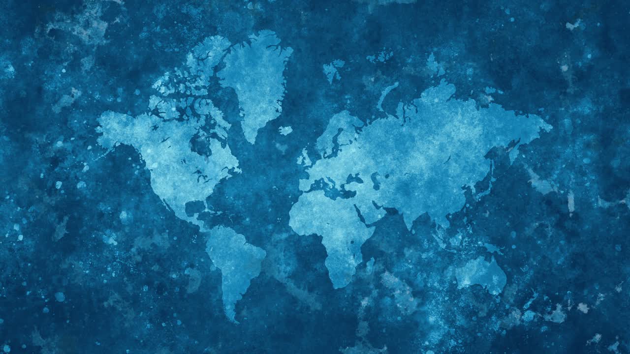 Loopable blue textured world map against grunge weathered background, pulsating abstract aged stained backdrop