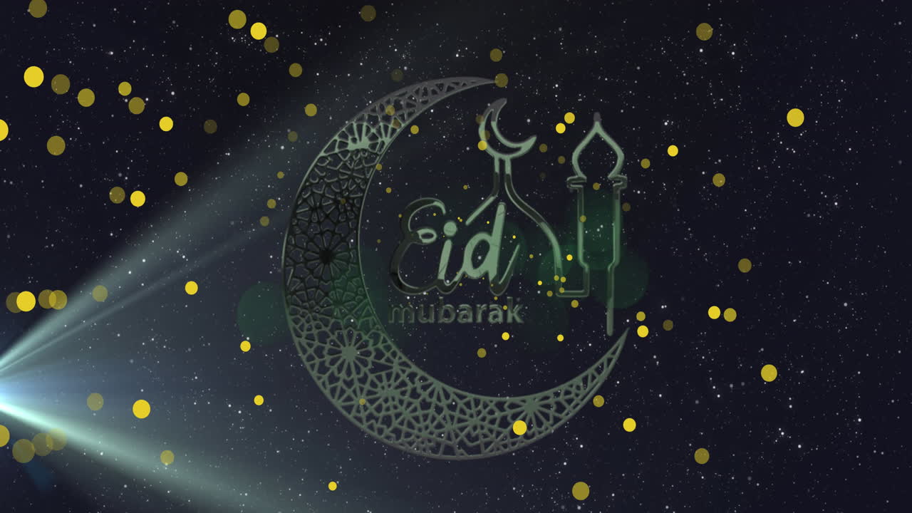 pancarta de texto de eid mubarak con luna creciente e icono de la mezquita contra manchas amarillas sobre fondo azul