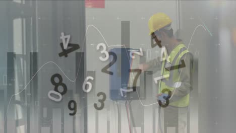 animation of statistics and data processing over biracial man working in warehouse