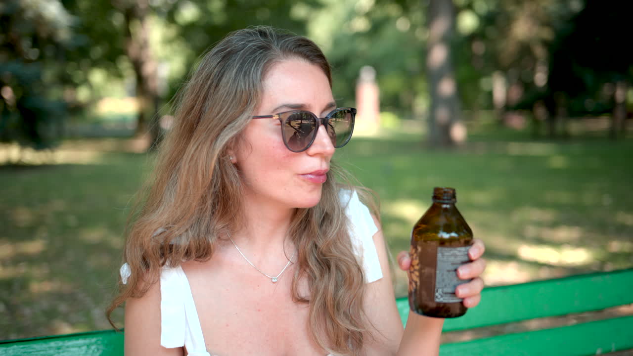 Woman drinking kombucha lemonade in a gree park, slow motion