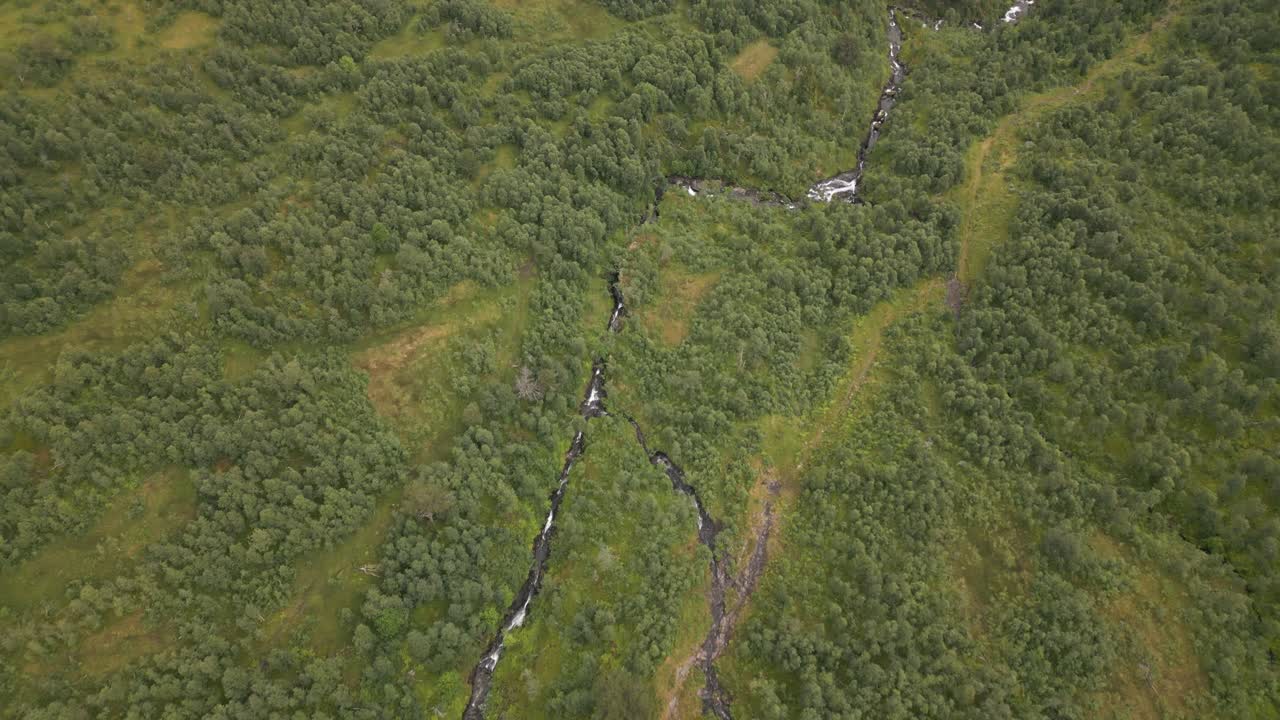 foto aérea de arroyos que corren por una ladera en vikafjell, noruega en el desierto