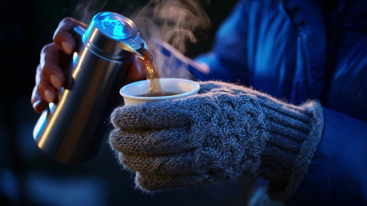 Warmth in a Chill: A Cozy Scene of Hot Beverage Pouring from a Thermos into a Cup, Emphasizing Comfort and Joy During a Cold Night in Beautifully Crafted Knitted Gloves
