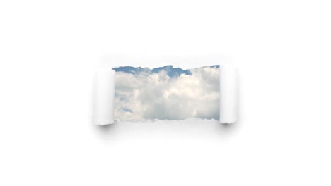 creative 4k time laps video of fast moving clouds in the blue sky that are visible through a hole with torn edges in white paper. the concept of opportunities, a happy future.