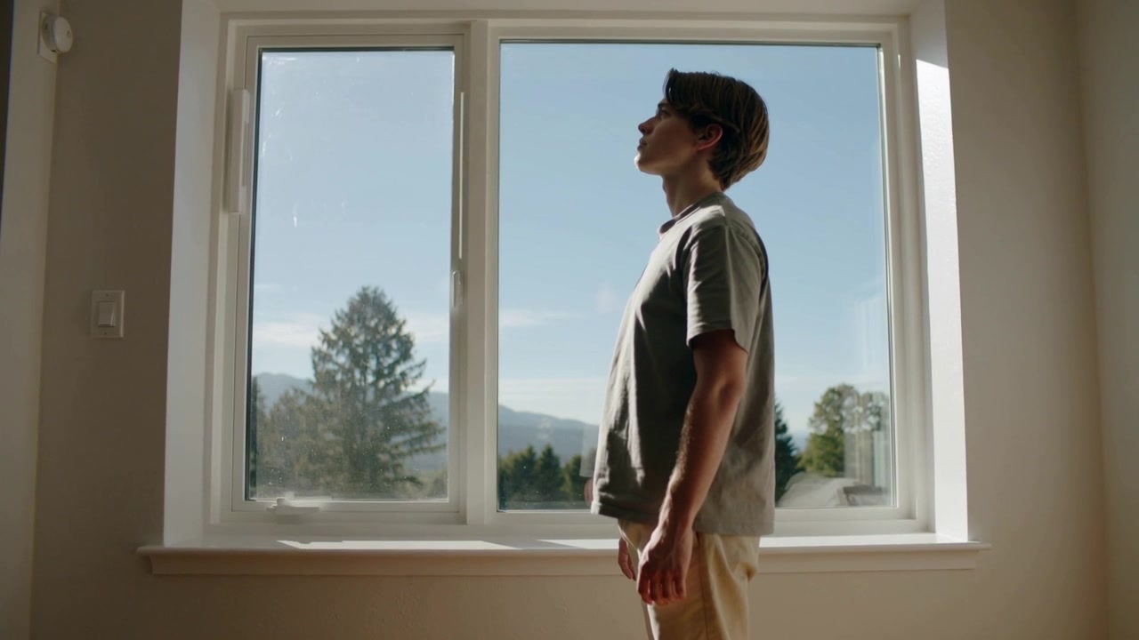 Standing teen in tee and light pants tilting chin as daylight streaming through window, copy space