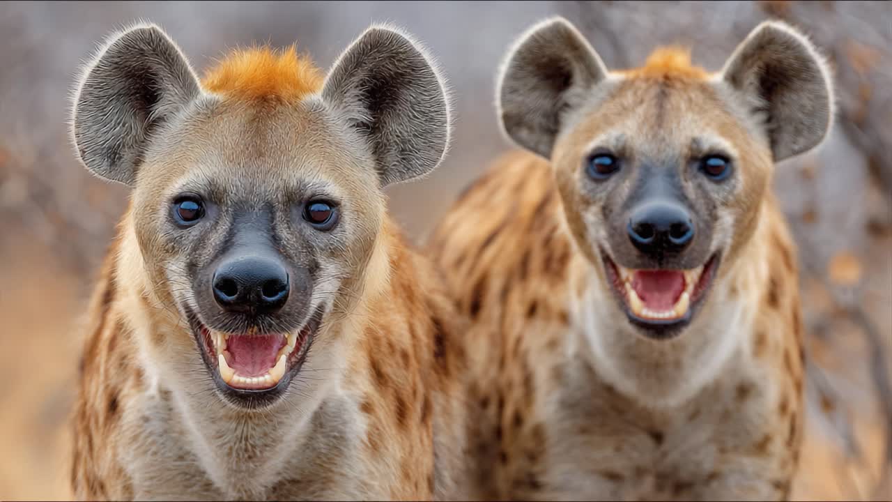 Captivating Close-Up Shots of Two Hyenas Showcasing Their Unique Expressions and Playful Nature in a Wild Environment