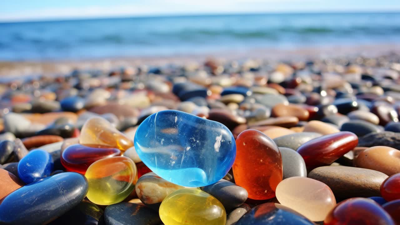 Smooth, colorful sea glass pebbles sparkling on a pebble beach, with gentle ocean waves rolling in the background under the warm sun, creating a serene atmosphere of natural beauty