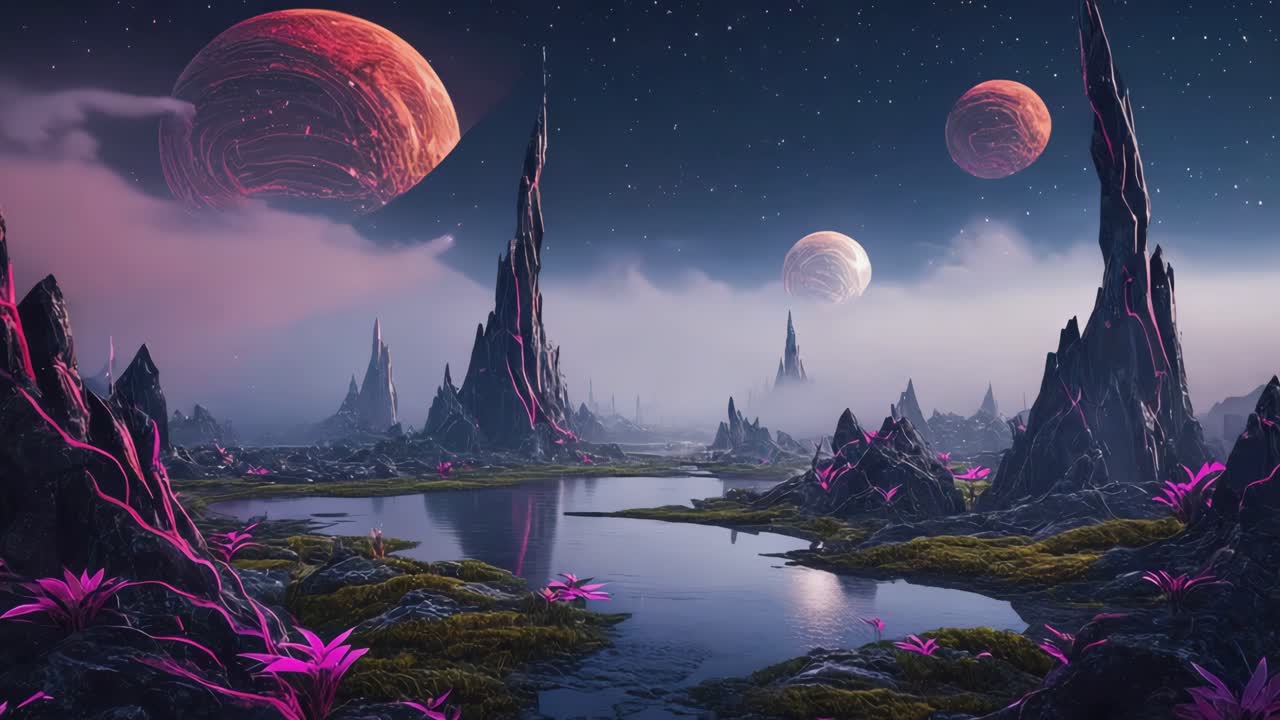 Alien Landscape with Glowing Plants and Multiple Planets