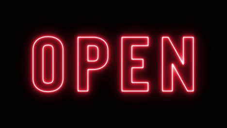 red neon "open" sign with flicker on black background