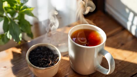 a warm cup of black tea on a sunny windowsill