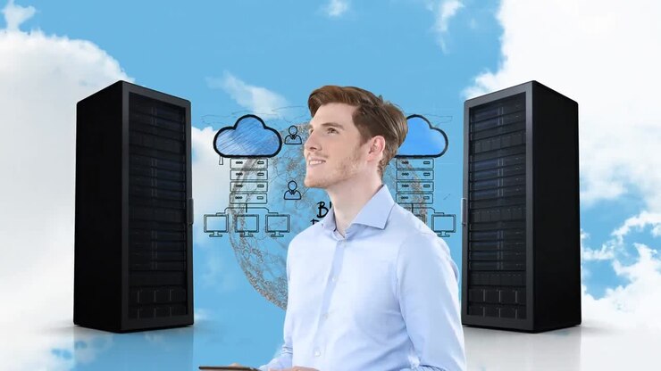 Animation of man and computer server over cloudy sky